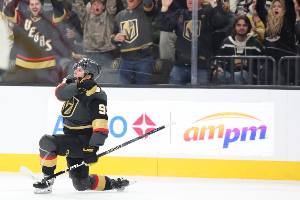 Vegas Golden Knights right wing Mitch Marner celebrates after scoring a goal