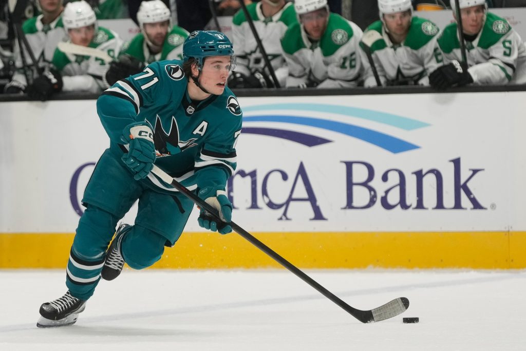 San Jose Sharks centre Macklin Celebrini skates with the puck