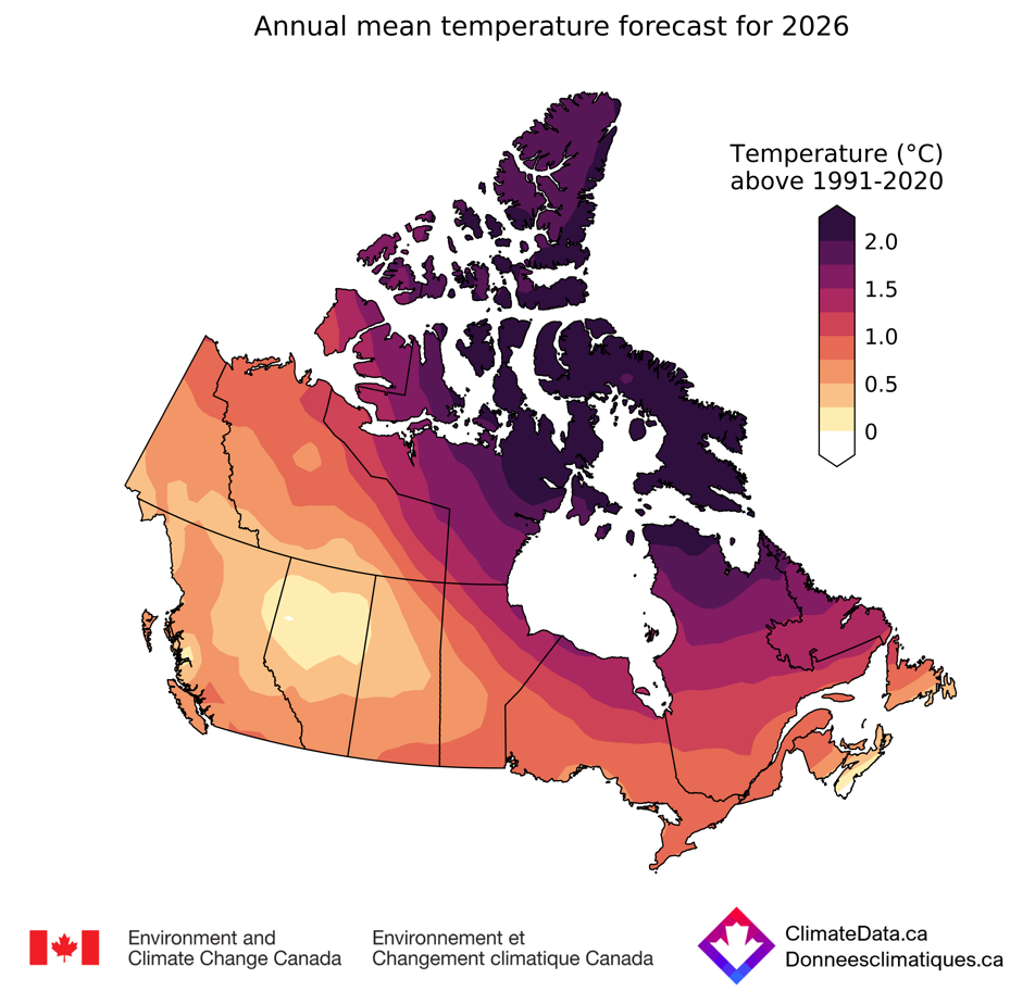 A map of Canada showing the annual mean temperature forecast for 2026