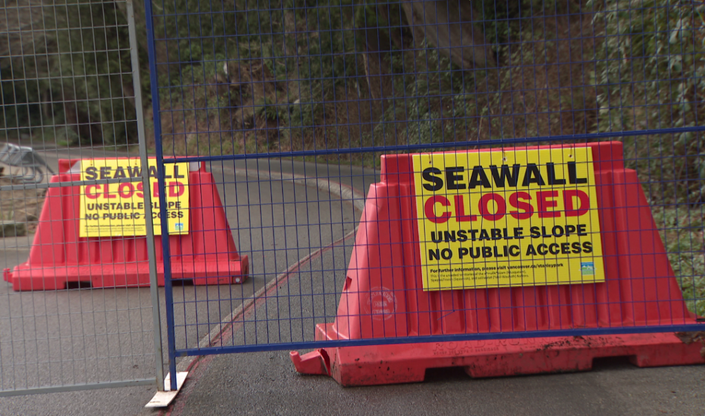Two sections, making up most of the western edge of the Seawall in Vancouver's Stanley Park, have closed this week as crews repair damage done by December storms.