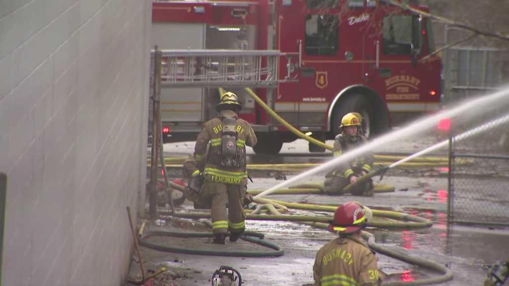 Burnaby Fire crews battle a blaze at a warehouse facility on Tuesday January 27, 2026.