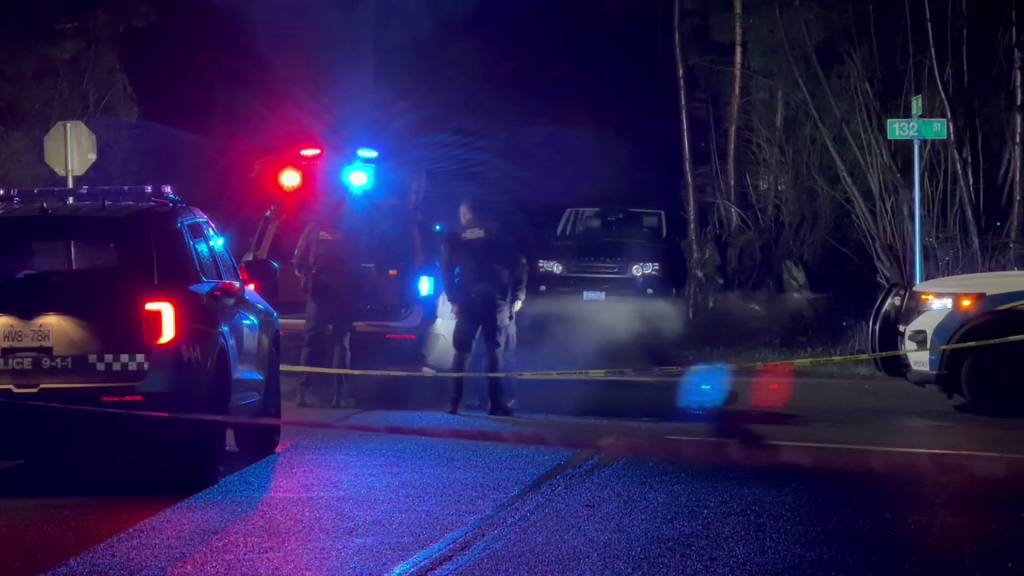Surrey police are seen investigating shots fired in the Crescent Beach neighbourhood on Feb. 1, 2026.