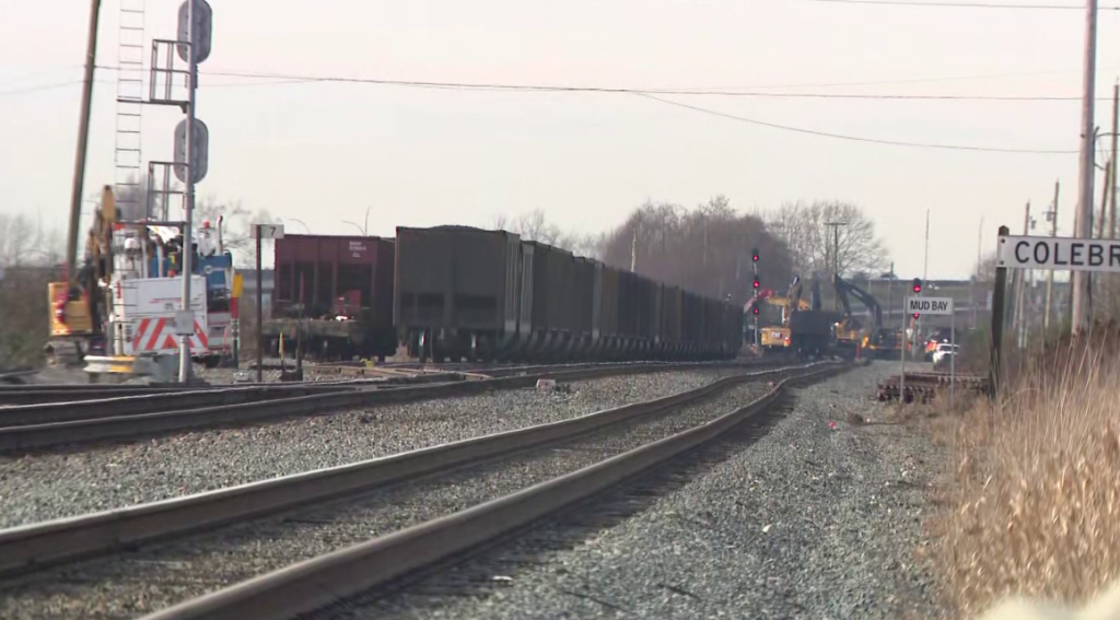 A train derailment in Surrey overnight resulted in coal being spilled on the rails and nearby, Surrey Fire Service says.