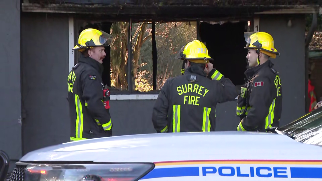 Emergency responders on scene of a house explosion in Surrey on Tuesday February 10, 2026.