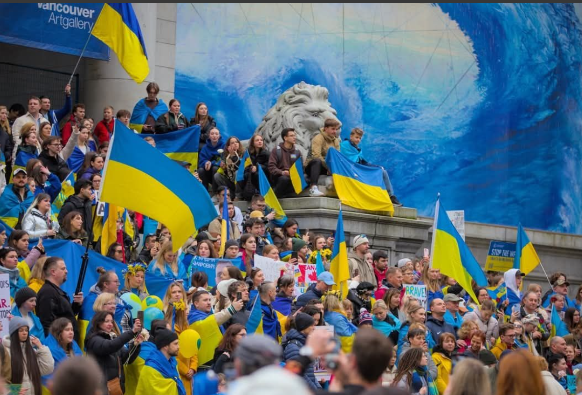 Demonstrators march in Vancouver to mark four years since Russia’s invasion of Ukraine