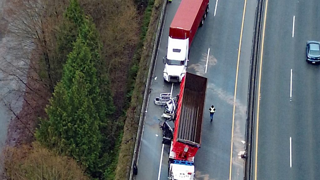 Emergency crews respond to a crash on Highway 17 in Surrey on March 11, 2026. (CityNews image,1st Due Media)