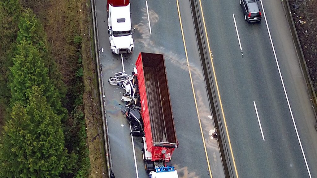 Highway 17 is closed to westbound traffic Wednesday afternoon after reports of a multi-vehicle crash in Surrey’s Fraser Heights area
