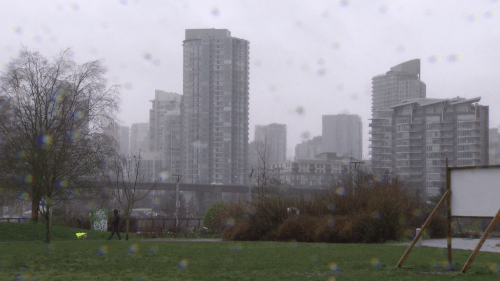 Heavy rainfall is seen near Vancouver's Olympic Village on Monday March 16, 2026.