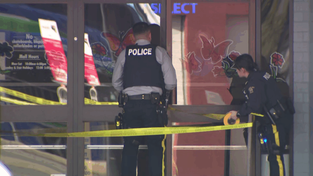 Police respond to an incident near Maple Ridge's Haney Place Mall on March 26, 2026.