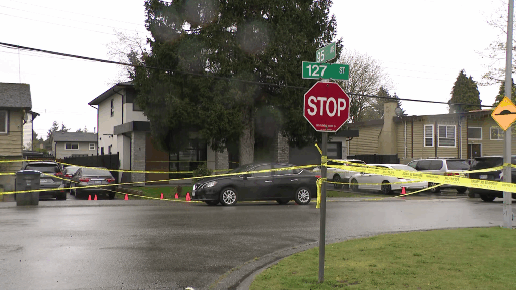 Police investigate a shooting near 95 Avenue and 127 Street in Surrey on Monday April 13, 2026.