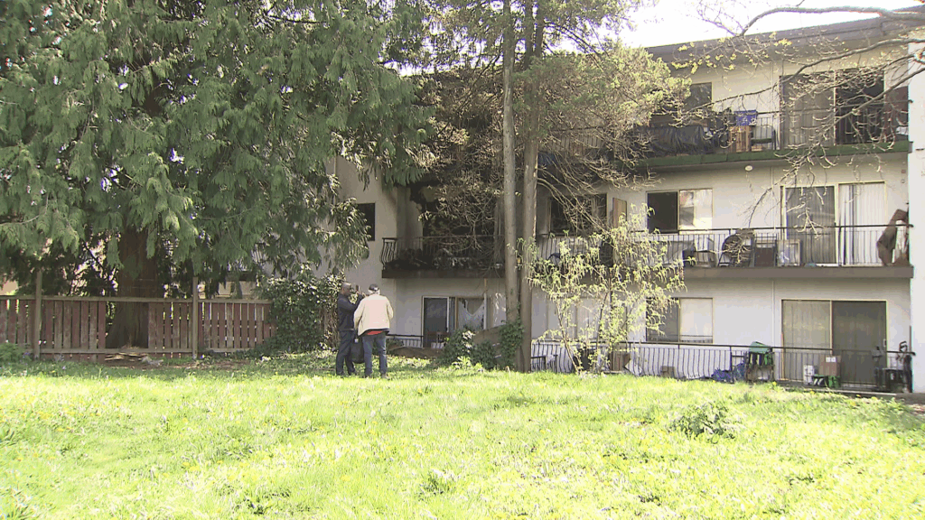 Damage is seen after a fire at a Burnaby apartment on Sunday April 19, 2026.