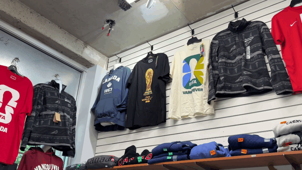FIFA merchandise is seen hanging in Vancouver Ticket.