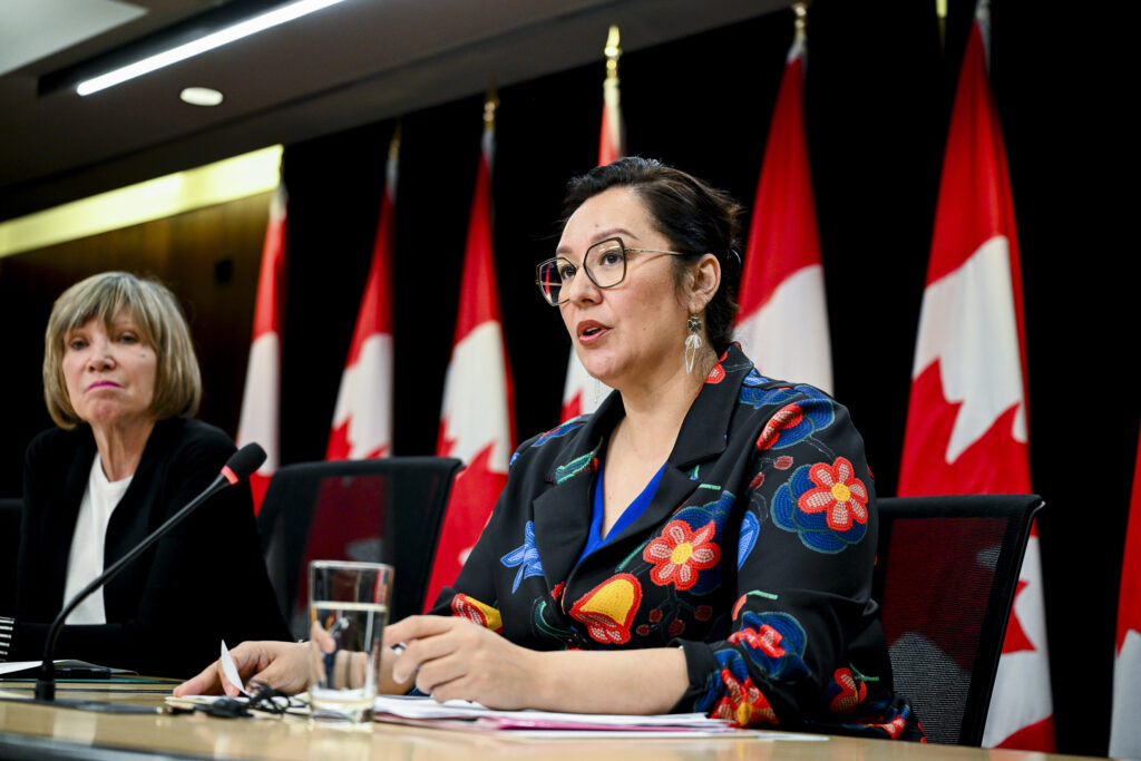 Minister of Indigenous Services Mandy Gull-Masty speaks during a press conference at the National Press Theatre in Ottawa