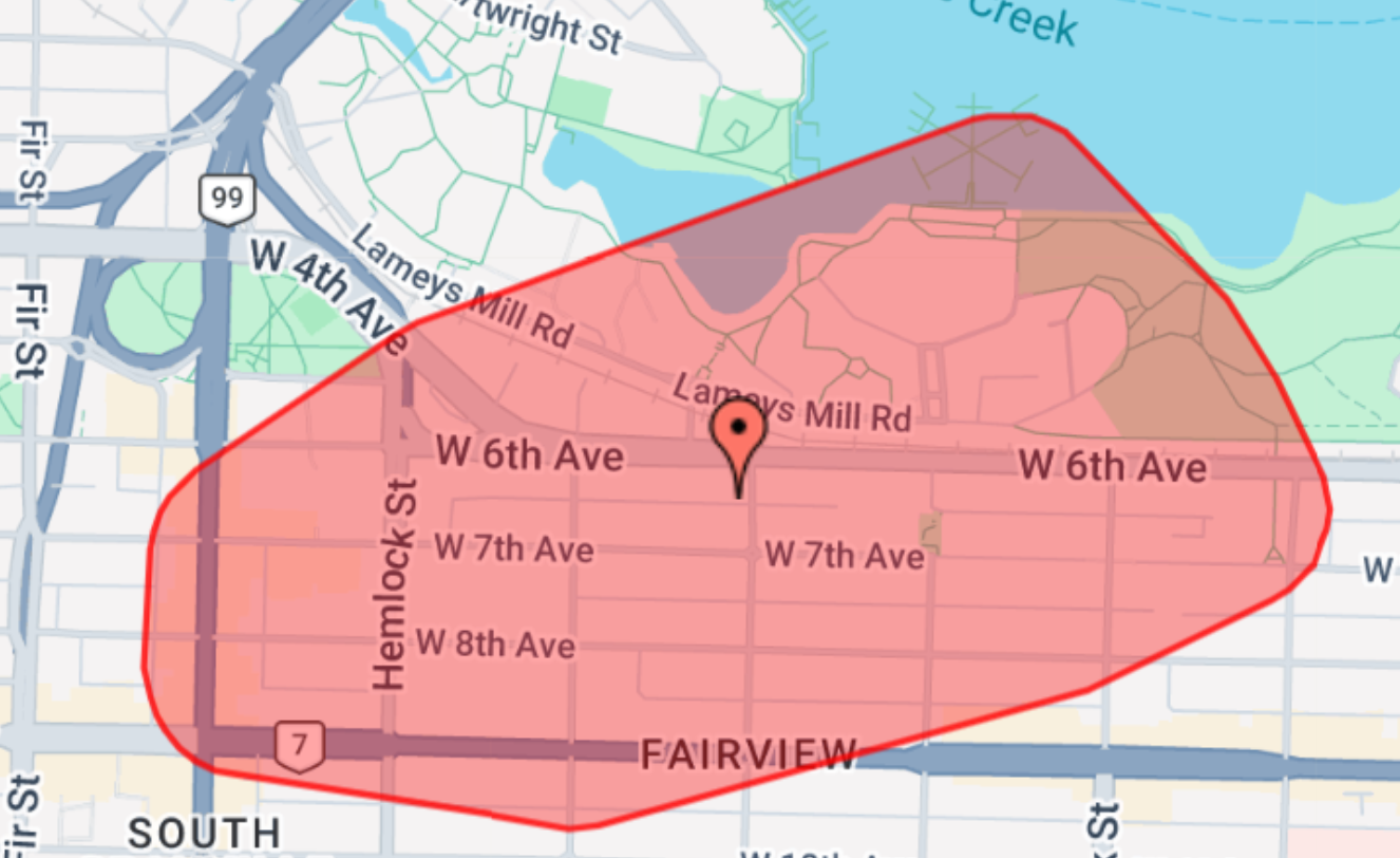 Map of power outages on June 15, 2026 (BC Hydro).
