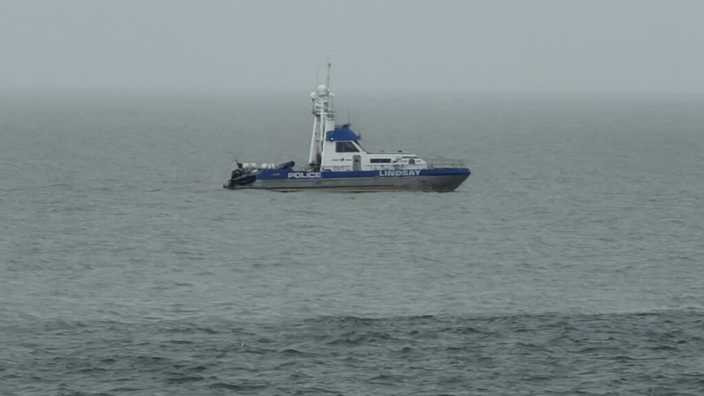 An RCMP Police Boat searches the waters off Richmond, B.C. in the Strait of Georgia on Thursday July 2, 2026. (Chad Harris, CityNews Image)