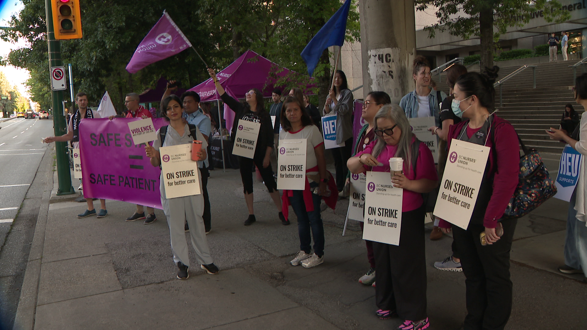 Nurses from the BCNU are striking outside Vancouver General Hospital on Monday, July 7, 2026. (Photo CityNews)