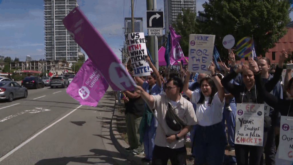 B.C. Nurses picket outside Surrey Memorial Hospital on Thursday July 9, 2026.