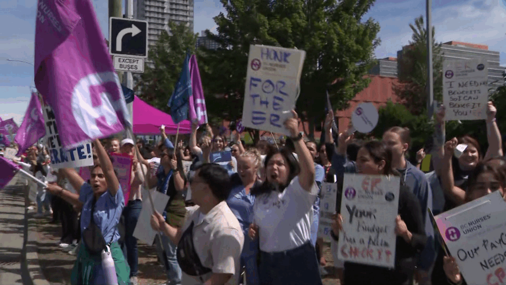 B.C. Nurses picket outside Surrey Memorial Hospital on Thursday July 9, 2026.