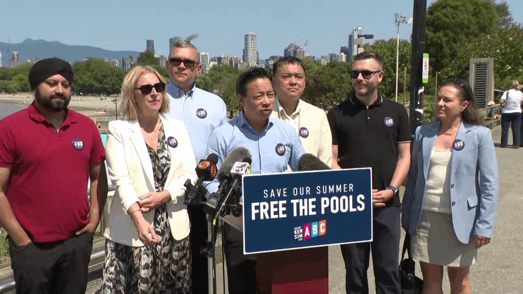 Ken Sim speaks at Kits Pool on July 13, 2026.