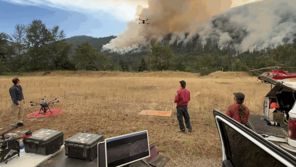 BC Wildfire Service officials work with a drone on the Brunswick Creek complex of fires near Boston Bar, B.C. on Monday July 20, 2026. (BC Wildfire Service Image)
