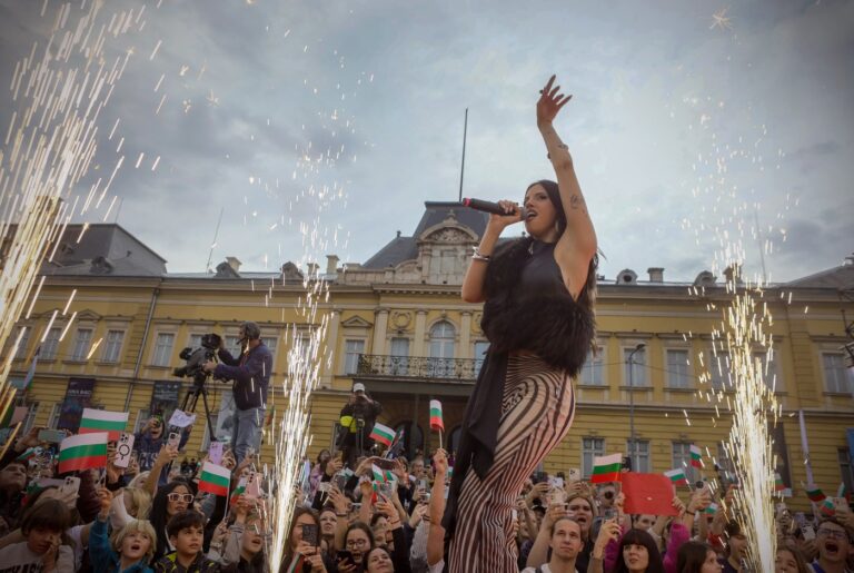 Eurovision 2026 winner Dara performs for her fans in downtown Sofia, Bulgaria, on Tuesday, May 19, 2026, giving the southeast European country its first-ever victory in the competition. (AP Photo/Valentina Petrova)